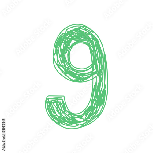 Number 9. Hand drawn line sketch digit. Children's drawing