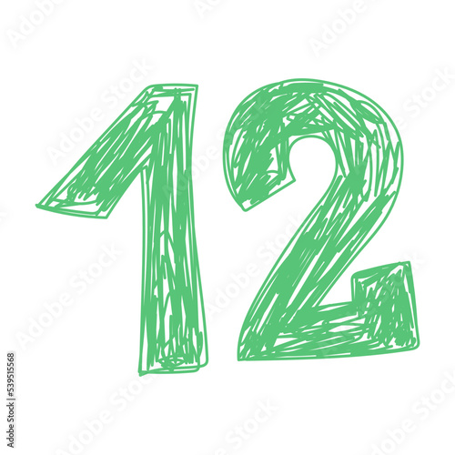 Number 12. Hand drawn line sketch digit. Children's drawing