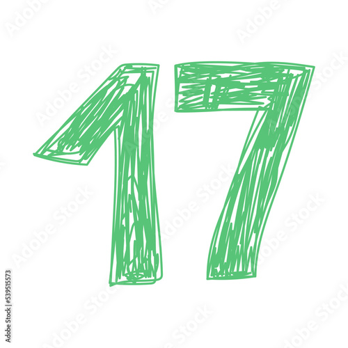 Number 17. Hand drawn line sketch digit. Children's drawing