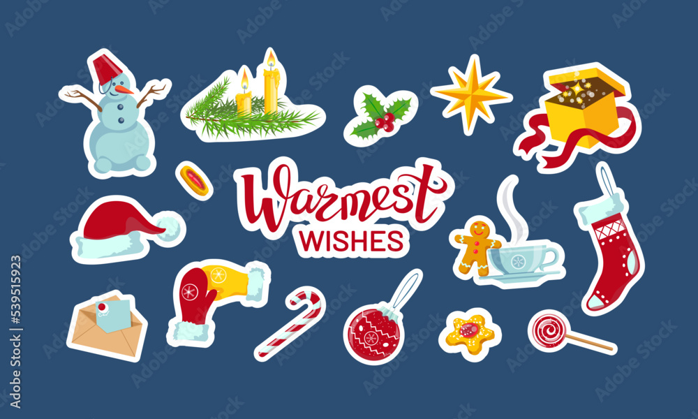 Warmest wishes, set of New Year and Christmas stickers