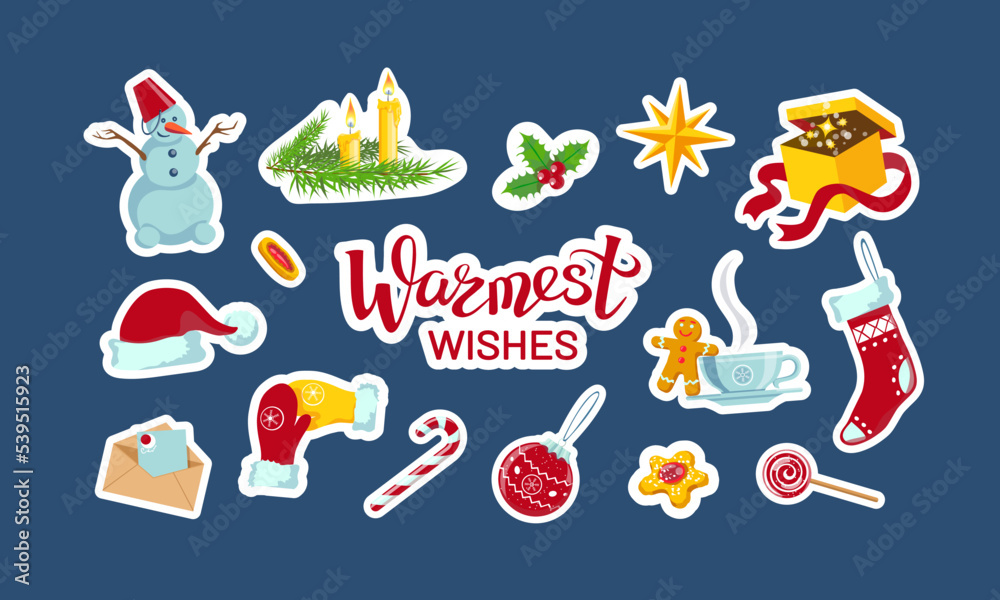 Fototapeta premium Warmest wishes, set of New Year and Christmas stickers