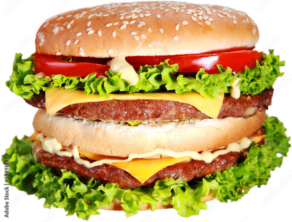Tasty hamburger on white background, menu for cafe and fast-food restaurant Tasty hamburger on white background, menu for cafe and fast-food restaurant