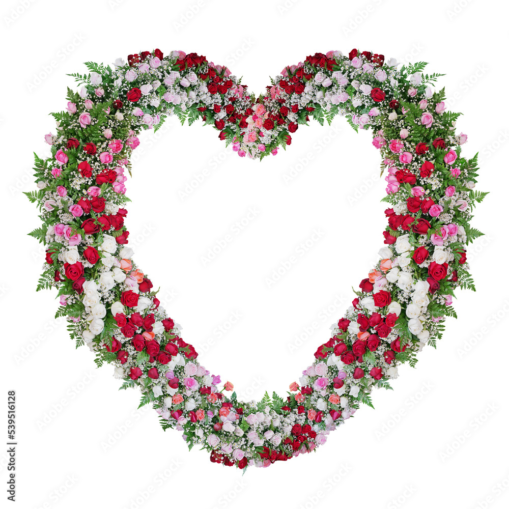 Heart shaped foral wedding arch garland with colorful roses flowers and tropical fern leaves