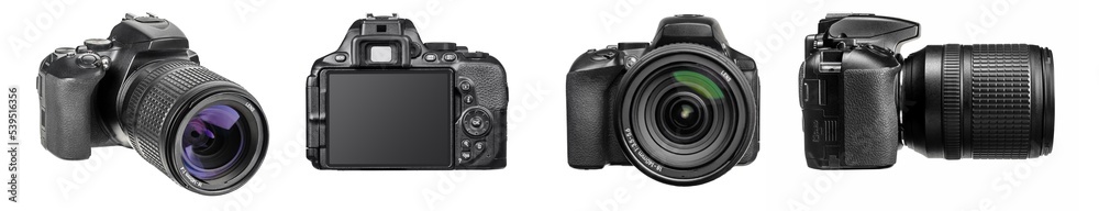 Collection of DSLR photo cameras with zoom lens in various angles isolated on a white background. Collection of DSLR photo cameras with zoom lens in various angles isolated on a white background.