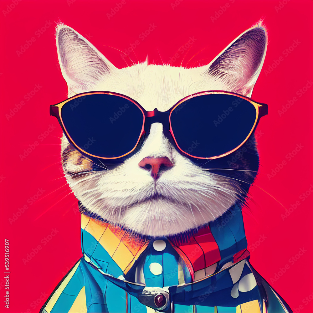 Hipster Cute Pop Art Cat Illustration Generative AI - obrazy, fototapety, plakaty 