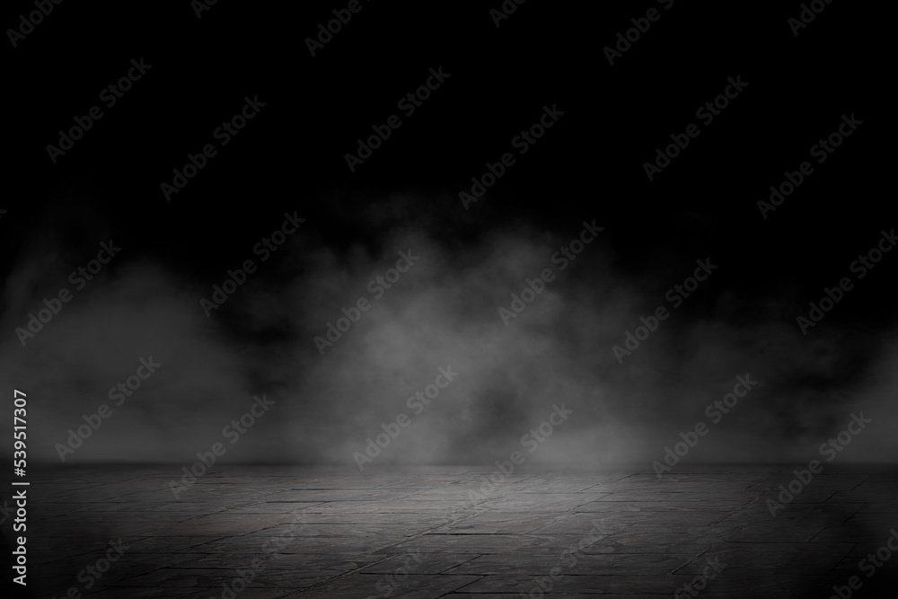 Concrete floor with smoke or fog in dark room with spotlight. Asphalt night street. Mist on black background, black and white