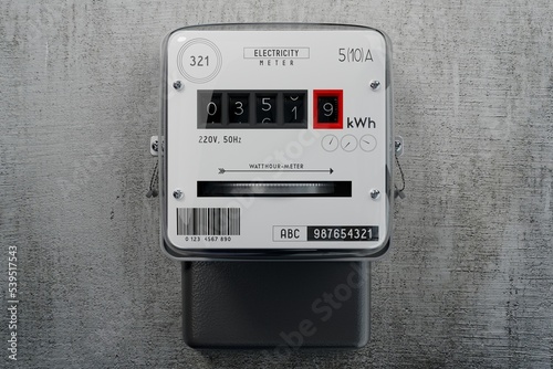 Electricity meter on concrete wall - 3D illustration photo