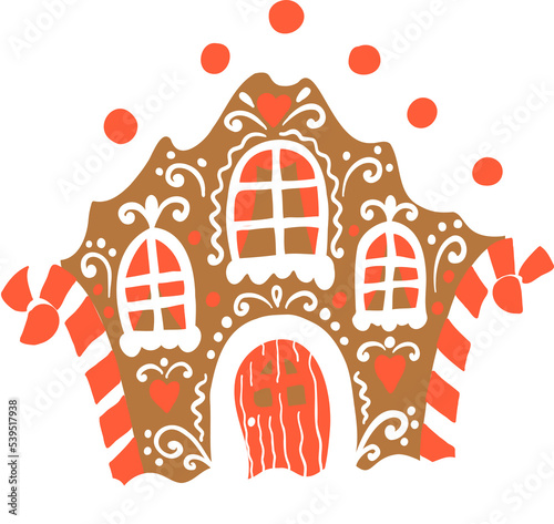 Gingerbread christmas house. Winter bread cottage with snow roof. New year holiday card design.