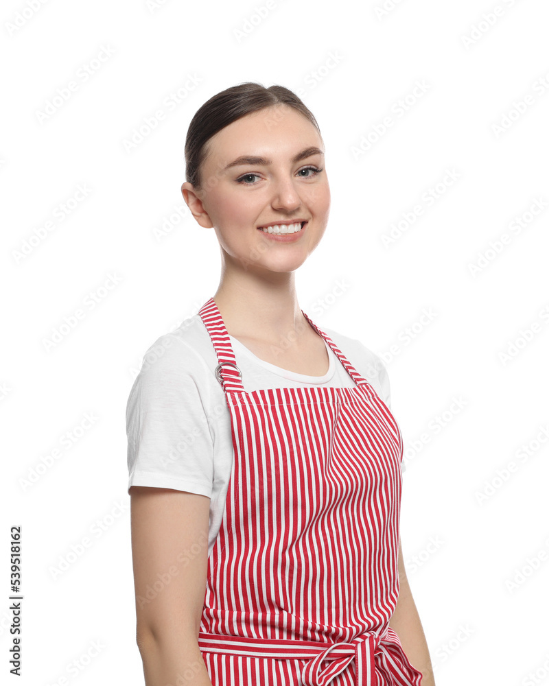Beautiful young woman in clean striped apron on white background Beautiful young woman in clean striped apron on white background