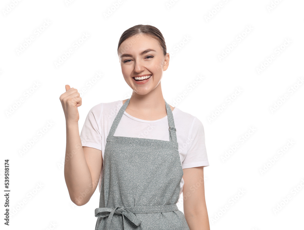 Beautiful young woman in clean apron on white background Beautiful young woman in clean apron on white background