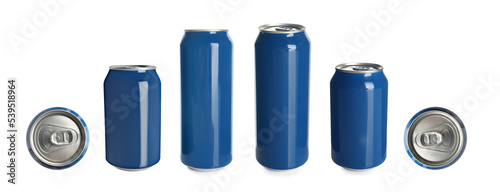 Set with aluminum beverage cans on white background. Banner design