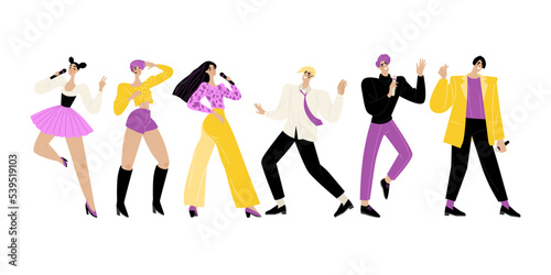 Korean idol illustration set. Lovely young people singing and dancing. K pop group image