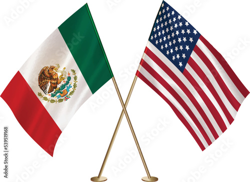 Mexico,US flag together.American,Mexican waving flag together