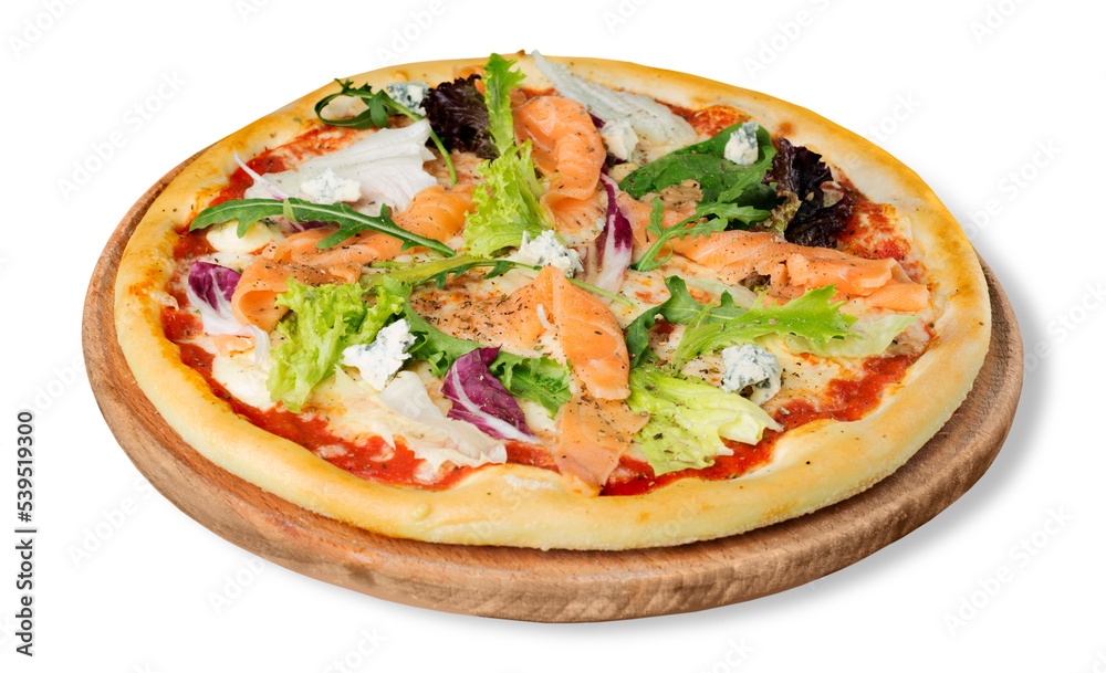Delicious pizza with salmon isolated on white background