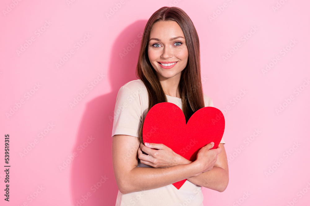 Portrait of cute gorgeous person arms hold cuddle paper heart card isolated on pink color background