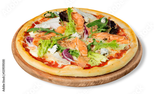 Delicious pizza with salmon isolated on white background