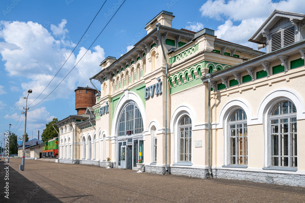 The old building of the railway station on a sunny August day. Buy, Russia