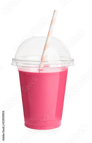 Plastic cup of tasty raspberry smoothie on white background