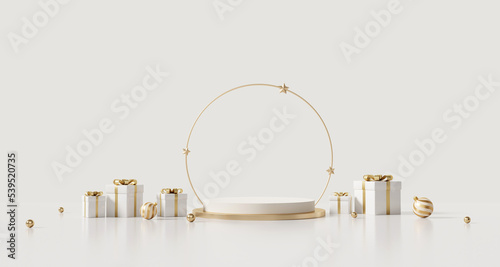 3D rendering white and gold product display stands, golden ring of stars with white gift boxes and gold ribbon on white background. Luxury white Christmas or winter sale presentation podium