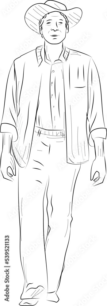 country man, farmer with hat in his head front walking line sketch country man, farmer with hat in his head front walking line sketch