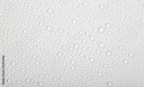 Water drops on glass as a background. Condensation on a cold drink. White background with drops texture.