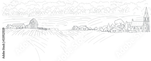 line illustration of a farm / countryside homes and church