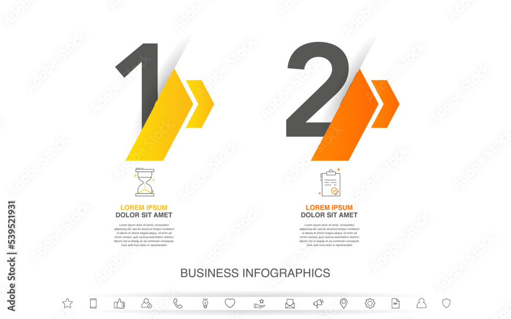 Vector timeline infographics with two steps, icons, flowchart, workflow ...
