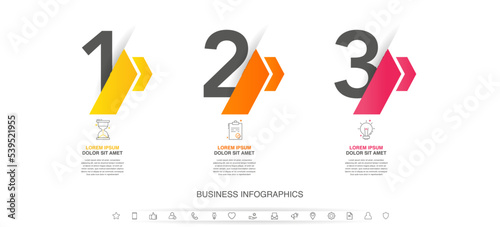 Vector timeline infographics with three steps, icons, flowchart, workflow and process infographic. Illustration template with arrows.