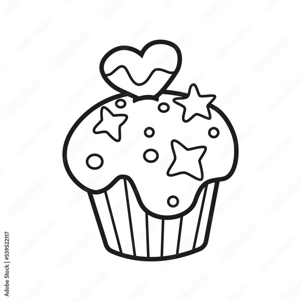 Beautiful cute yummy muffin for Valentine's day. Сupcake line icon. Confectionery
Coloring page delicious cupcake with hearts and stars. Black cupcake vector illustration on isolated white background
