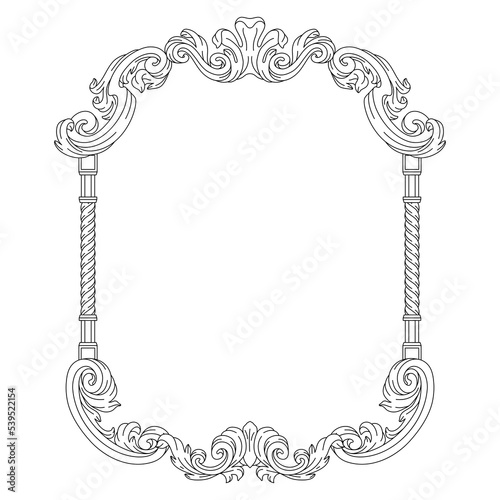 Decorative floral frame in baroque style. Engraved black curling plant.