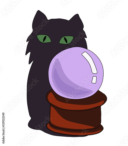 Black cat shadow with green eyes and a lilac divination ball. Vector illustration on a white background
