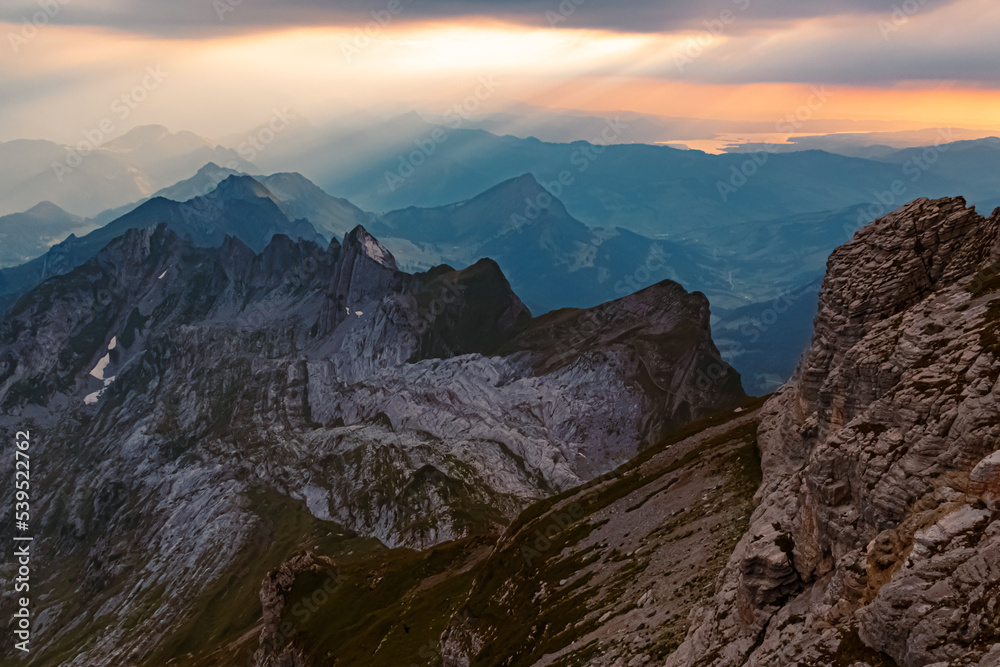 Beautiful alpine summer sunset at the famous Saentis summit, Schwaegalp, Appenzell, Alpstein, Switzerland