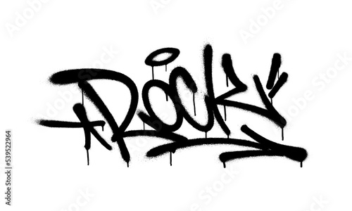 Sprayed rock font graffiti with overspray in black over white. Vector illustration.