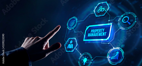 Internet, business, Technology and network concept. PROPERTY MANAGEMENT inscription, new business concept. Virtual button.