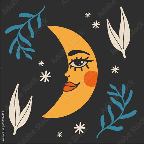 Clockwork crescent moon with a face and plants on a black background. Psychedelic vector clipart in line art style in 60s and 70s style. Vintage boho illustration. Abstract trippy art.