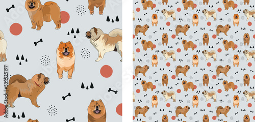 Seamless dog pattern, winter Christmas texture. Square format, t-shirt, poster, packaging, textile, socks, textile, fabric, decoration, wrapping paper. Trendy hand-drawn Chow Chow dog breed.