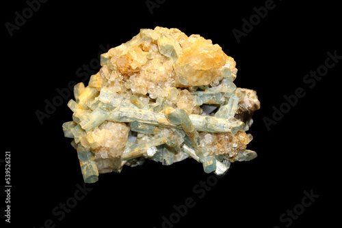 Blue Barite on yellow Calcite - Sterling Mine, Stoneham, Weld County, Colorado