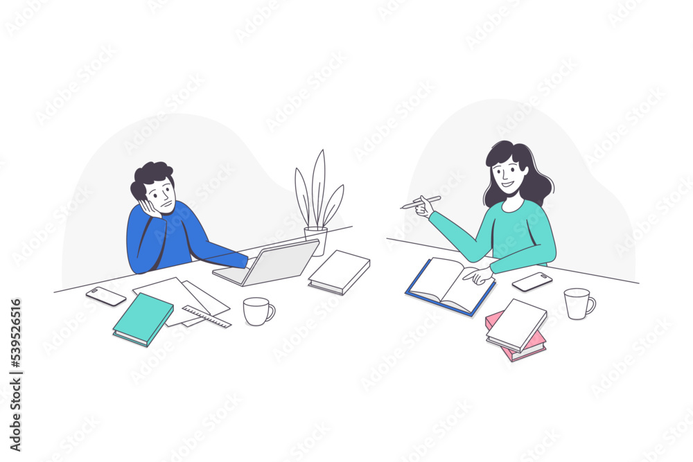 Teen Boy and Girl Doing Homework Sitting at Desk Studying with Book and Copybook Vector Set