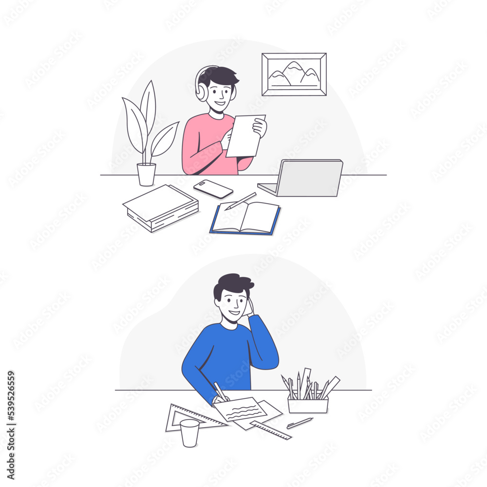 Smiling Schoolboy Doing Homework Sitting at Desk Studying with Notepad and Laptop Vector Set Smiling Schoolboy Doing Homework Sitting at Desk Studying with Notepad and Laptop Vector Set