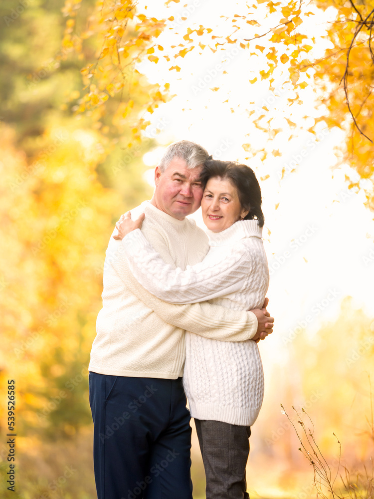 Beautiful happy pensioners hugging in autumn forest