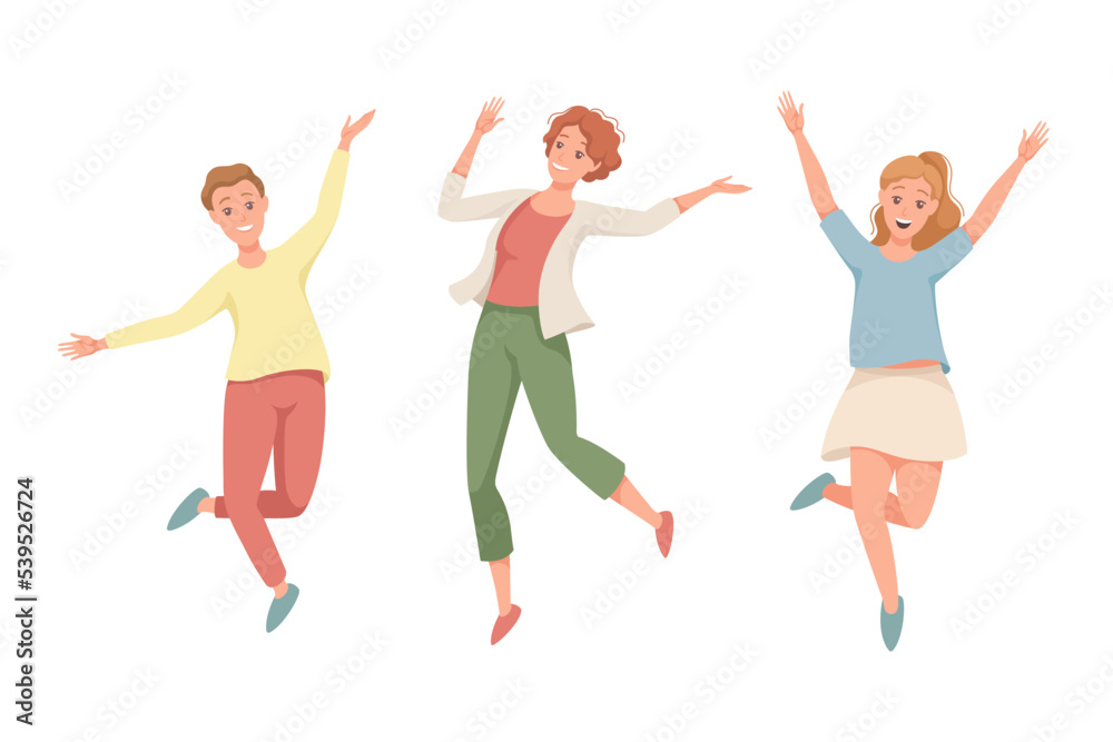 Happy Man and Woman Character Jumping with Raised Hands Vector Set