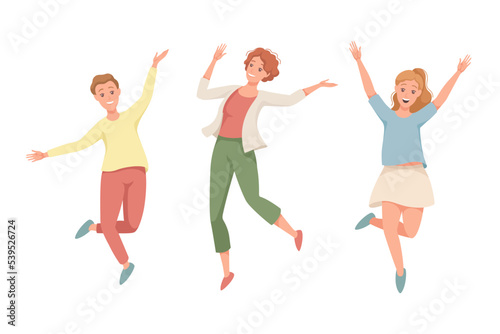 Happy Man and Woman Character Jumping with Raised Hands Vector Set
