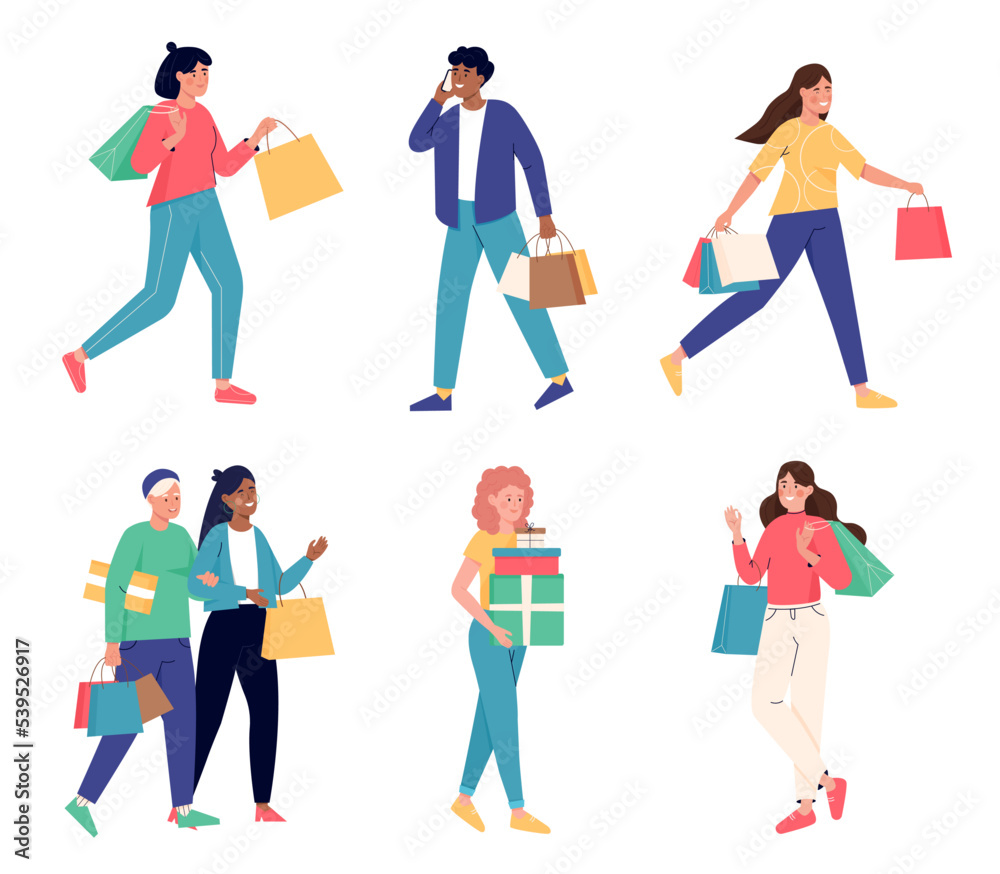 Collection of happy people with shopping bags. Different women and men are shopping. Adult characters are walking with purchases Collection of happy people with shopping bags. Different women and men are shopping. Adult characters are walking with purchases