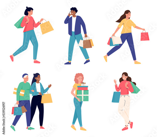 Collection of happy people with shopping bags. Different women and men are shopping. Adult characters are walking with purchases