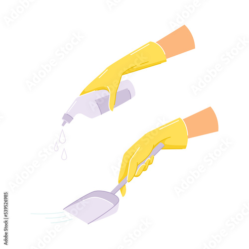 Hand in Yellow Glove Cleaning with Dustpan and Detergent Bottle Vector Set