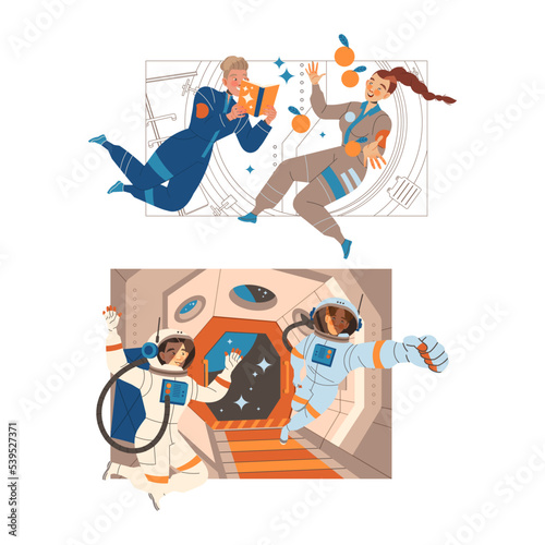 Man and Woman Astronaut Character in Outer Space in Spacesuit Flying on Space Shuttle Vector Set