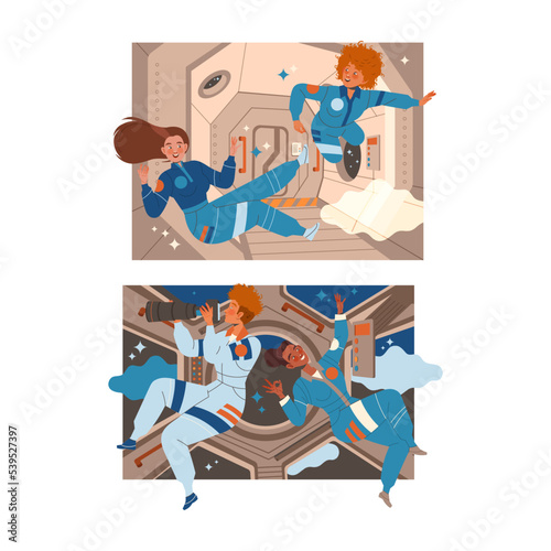 Man and Woman Astronaut Character in Outer Space in Spacesuit Flying on Space Shuttle Vector Set © Happypictures