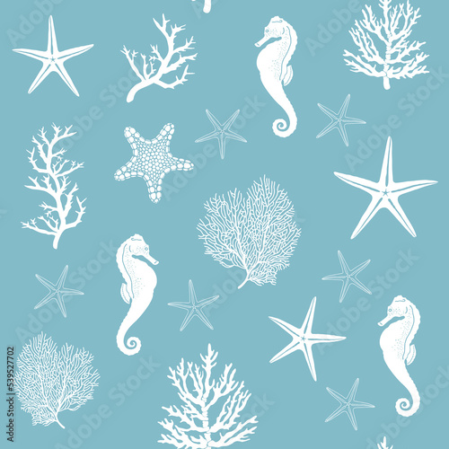 Corals, seahorses and starfish. White vector silhouettes isolated on aquamarine background. Vector seamless pattern. For print, fabric, postcards, wallpapers and other projects.