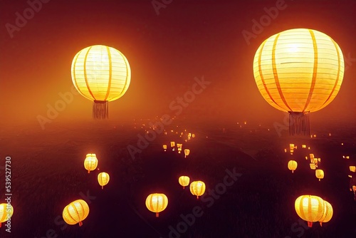 Chinese lanterns are flown during Lantern Festival to celebrate Chinese New Year. Made from bamboo and ricepaper and decorated with symbols and colours. 3D illustration for festive holiday background. photo