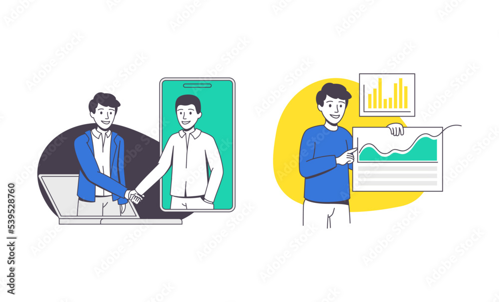 Fototapeta premium Online Conference with Man Talking Via Internet Platform Outline Vector Set